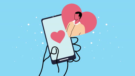 hand using smartphone with young man in heart animated