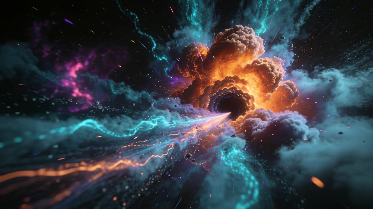 View shifting, converging streams pulling, rushing to vortex, orange cloud, teal filaments glowing