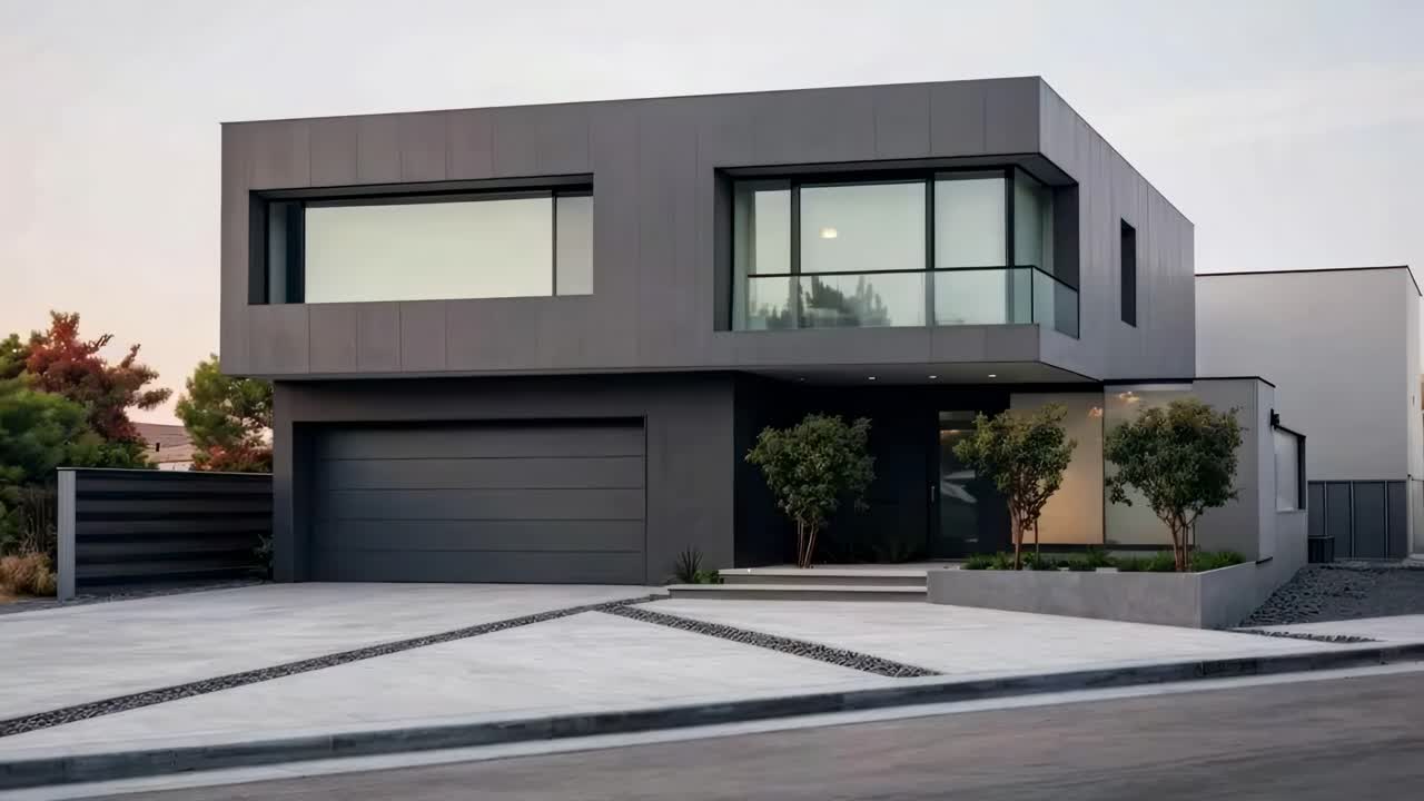 Modern minimalist house with sleek lines and large windows, captured from a low-angle