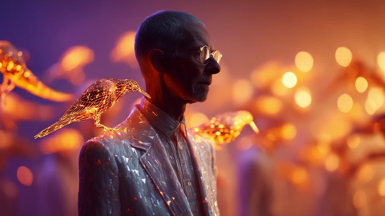 An ethereal figure adorned in a shimmering suit stands amidst a mesmerizing array of illuminated, wireframe birds, symbolizing the connection between humanity and technology in an enchanting atmosphere