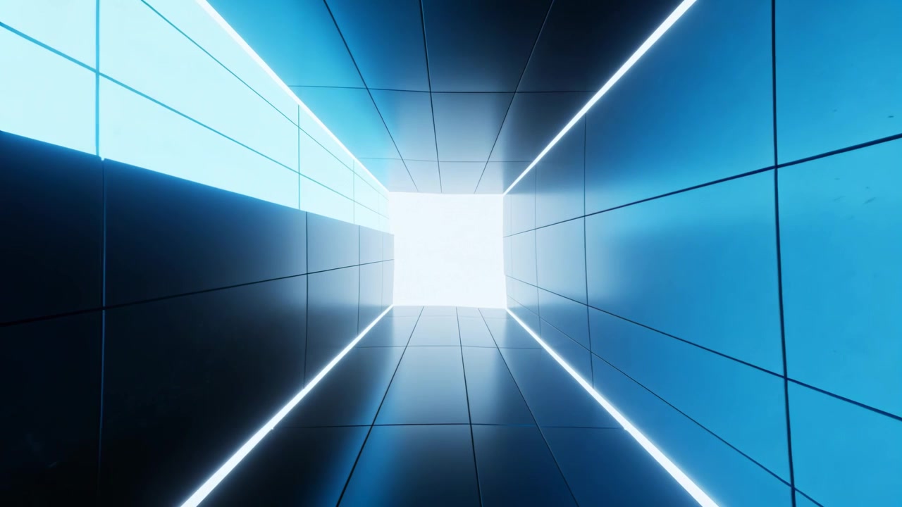 Moving camera closing in on lit sci-fi corridor to reach bright portal, showing tiles and LEDs