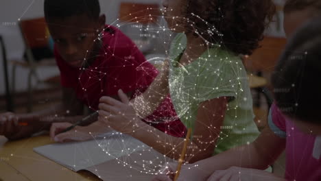 animación del globo con una red de conexiones sobre la escritura de los niños de la escuela