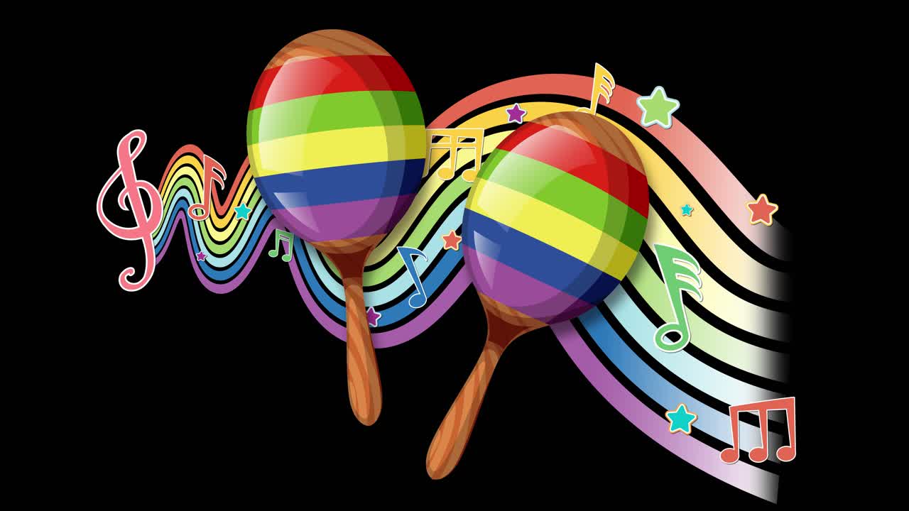 Colorful maracas and musical notes dance rhythmically against a black background, creating a lively and energetic visual experience
