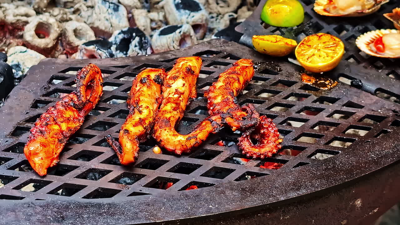 Grilled octopus and scallops on a BBQ grill with lime slices, cooking over hot coals