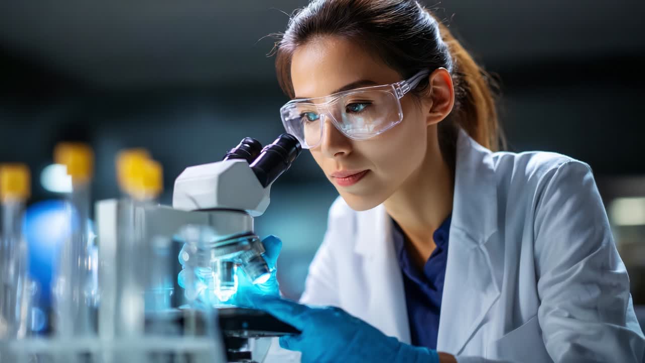 A focused scientist examining samples under a microscope, showcasing her expertise in research, laboratory techniques, and the pursuit of scientific knowledge in a professional setting