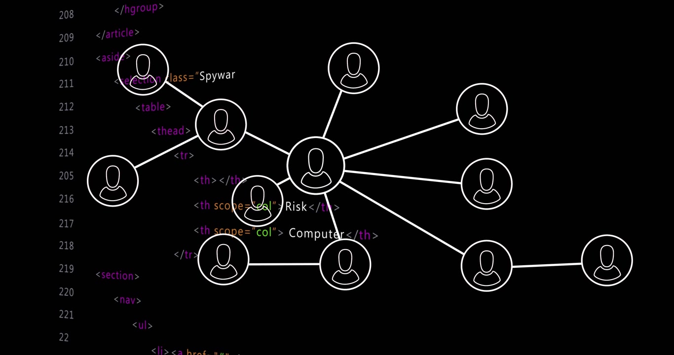 Hollow circles appearing, central hub expanding, linking avatars, pulsing highlights showing focus