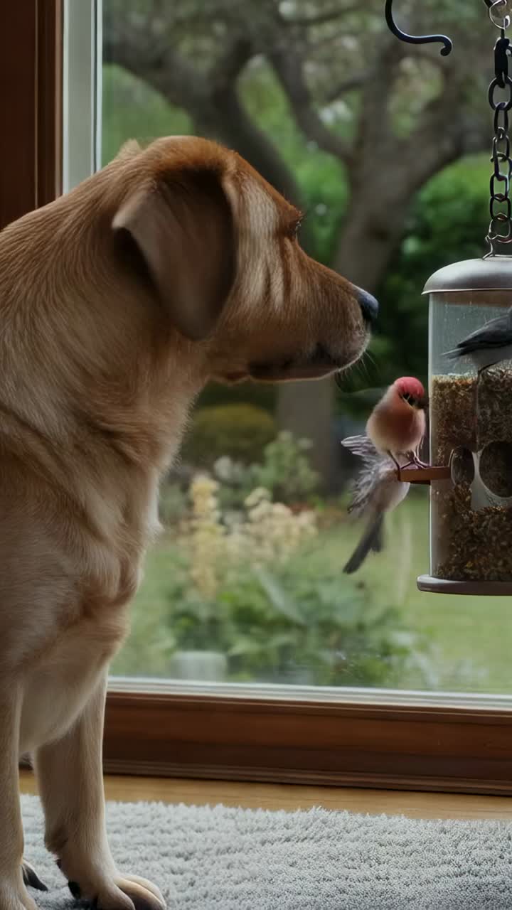 Video im Hochformat: Gelber Labrador beobachtet flatternde Vögel am Fenster zu Hause und beäugt Futterspender