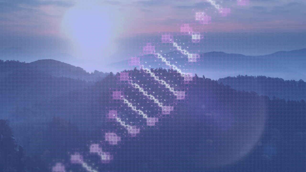 해가 지는 풍경 위에서 회전하는 dna의 애니메이션