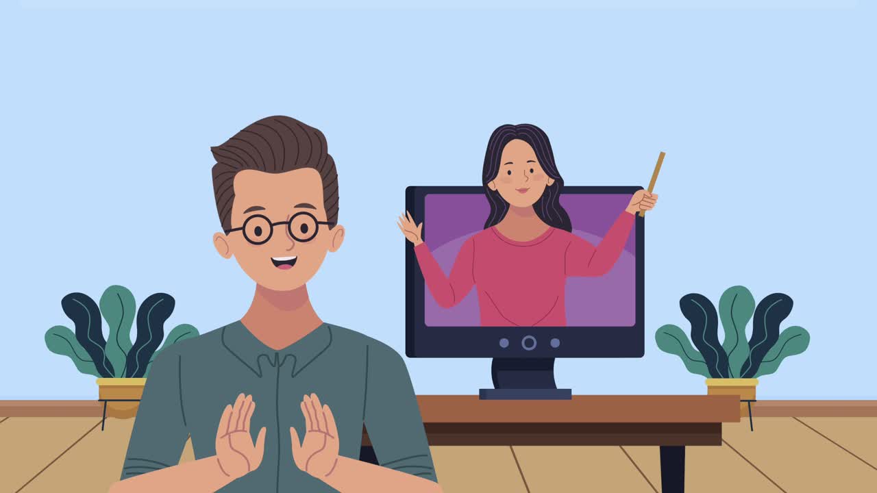 young couple characters with desktop animation