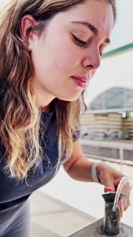 thirsty woman drinking from a public water fountain