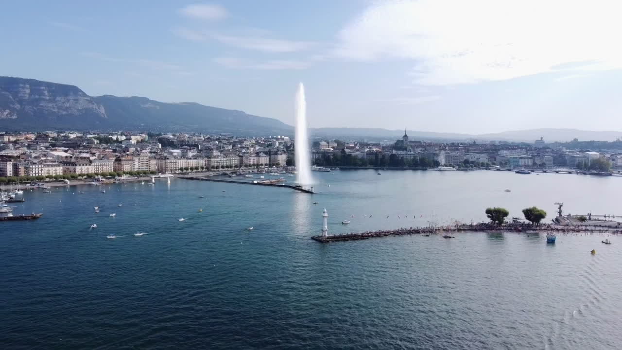 Aerial View Of Jet d'Eau, Stunning Fountain In Lake Geneva In Geneva, Switzerland