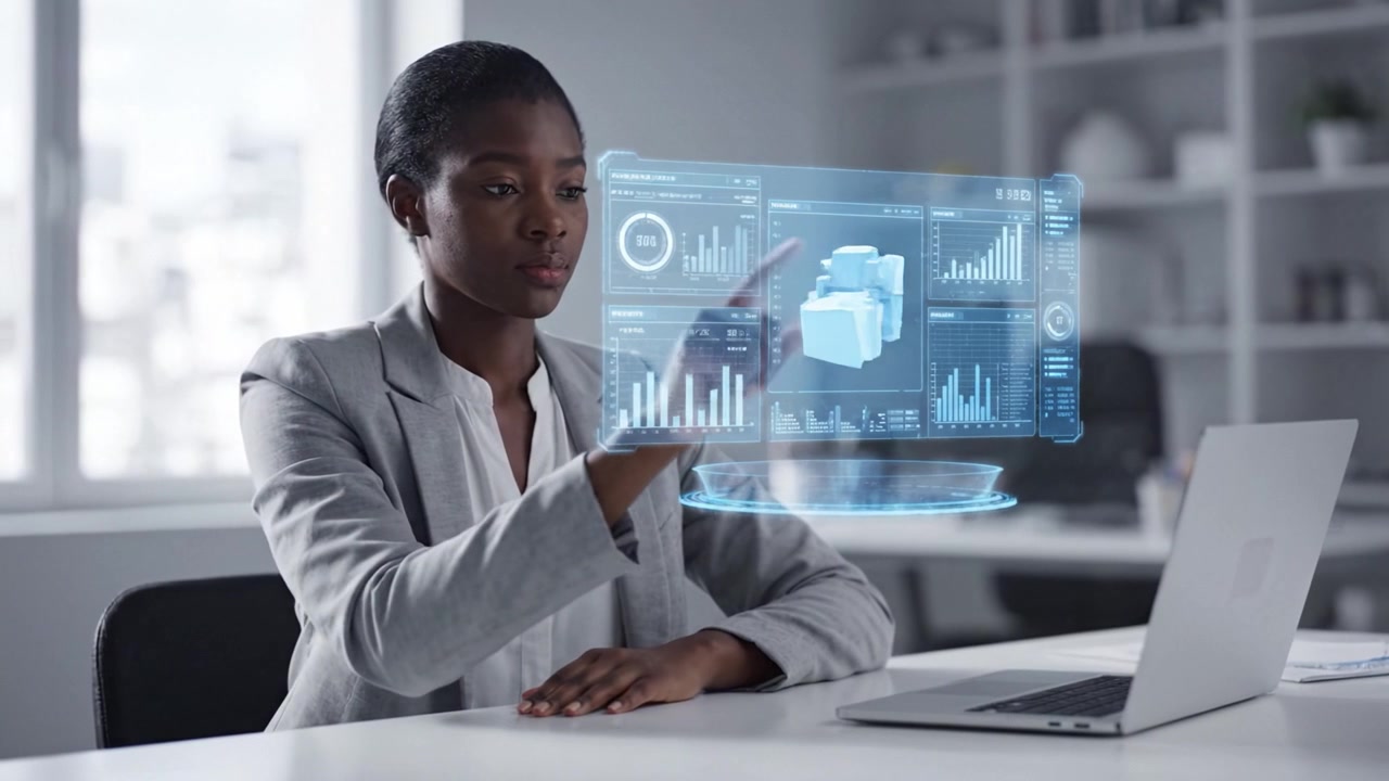 Focused Professional Analyzing Data on a Laptop with Interactive Holographic Display in a Modern Workspace Setting