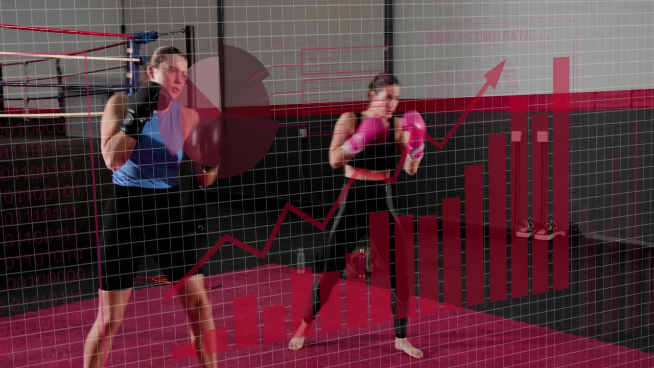 Two female trainees following trainer cueing, stepping and punching for boxing with chart overlays