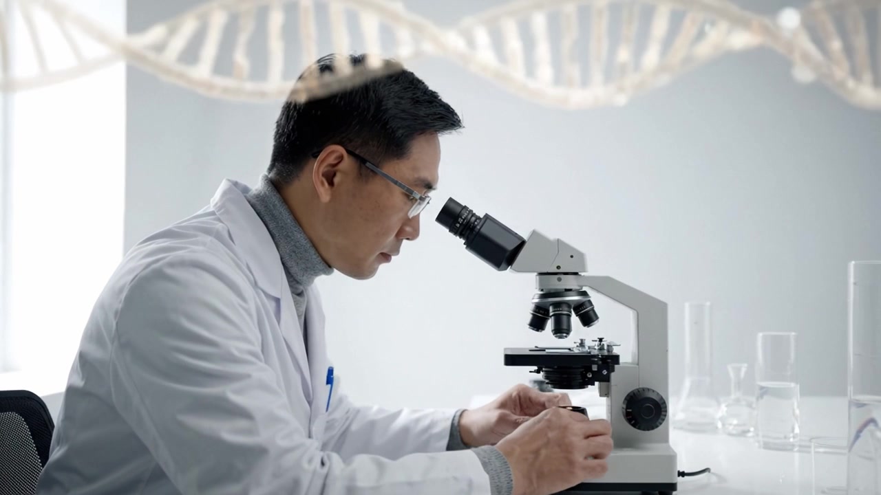 A dedicated scientist examining samples under a microscope in a modern laboratory, showcasing the intricate work in cellular biology and research advancements.