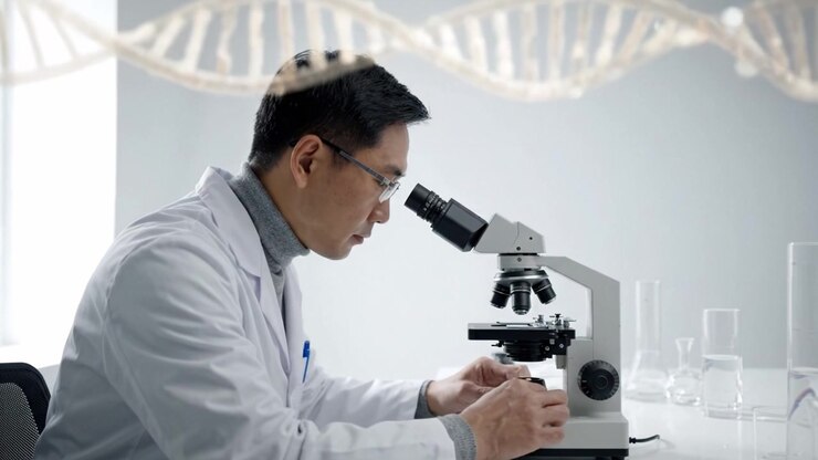 A dedicated scientist examining samples under a microscope in a modern laboratory, showcasing the intricate work in cellular biology and research advancements.