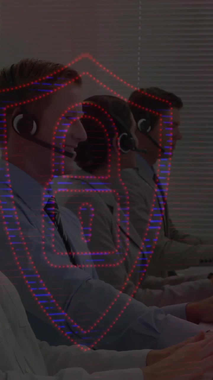 Security padlock and shield icons moving against customer service executives working at office