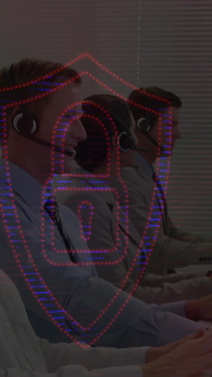 Security padlock and shield icons moving against customer service executives working at office