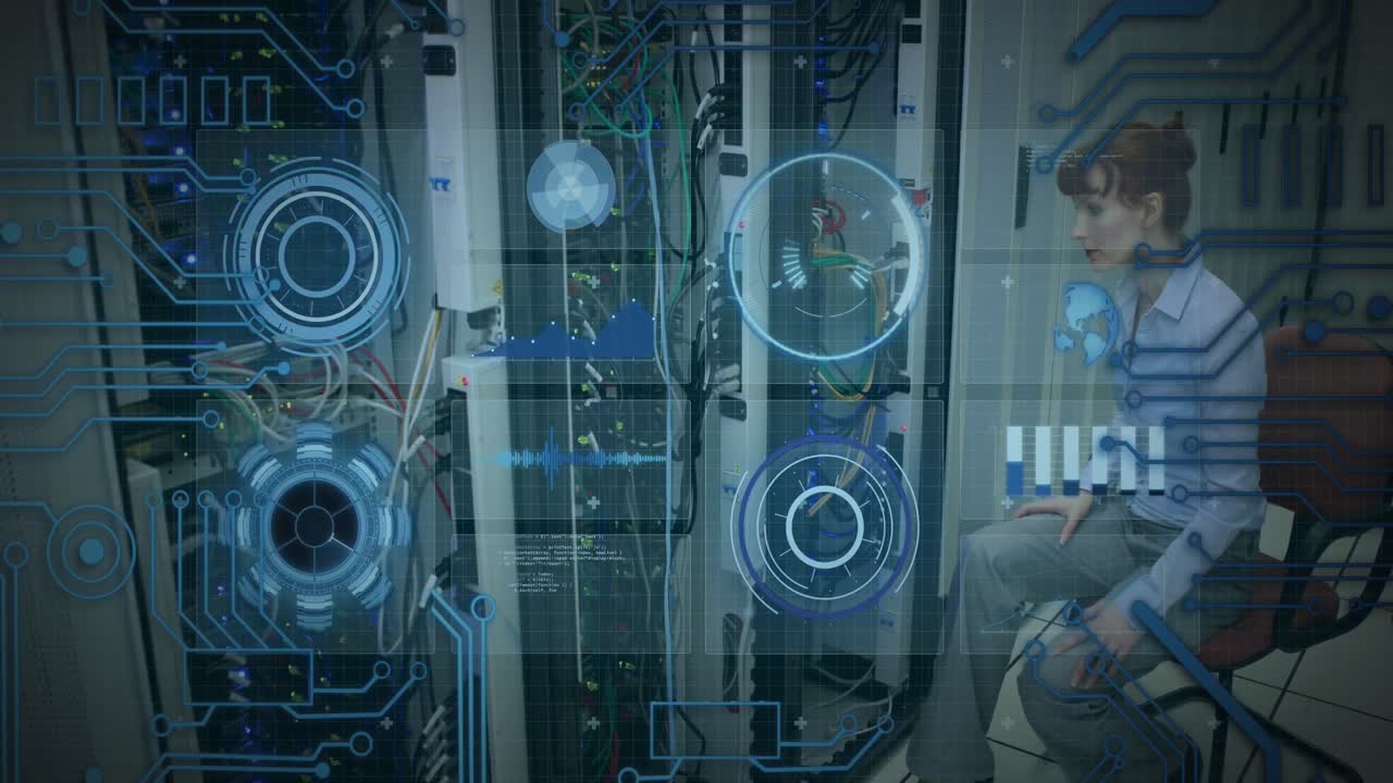 animación de escaneo sobre una trabajadora de la sala de servidores caucásica