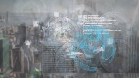 animación de la red global de conexiones con procesamiento de datos con reloj sobre el paisaje urbano