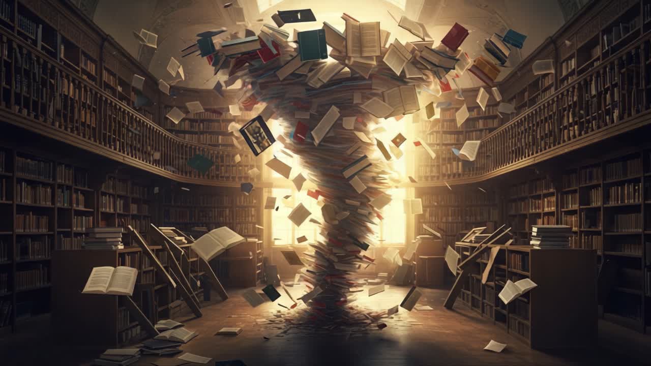 A Whirlwind of Knowledge: An Energetic Tornado of Books Swirling in a Library, Illuminated by Vibrant Light from a Grand Window, Signifying the Power of Imagination and Learning