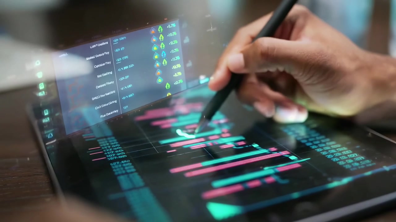 Business Professional Analyzing Financial Data with Augmented Reality Interface