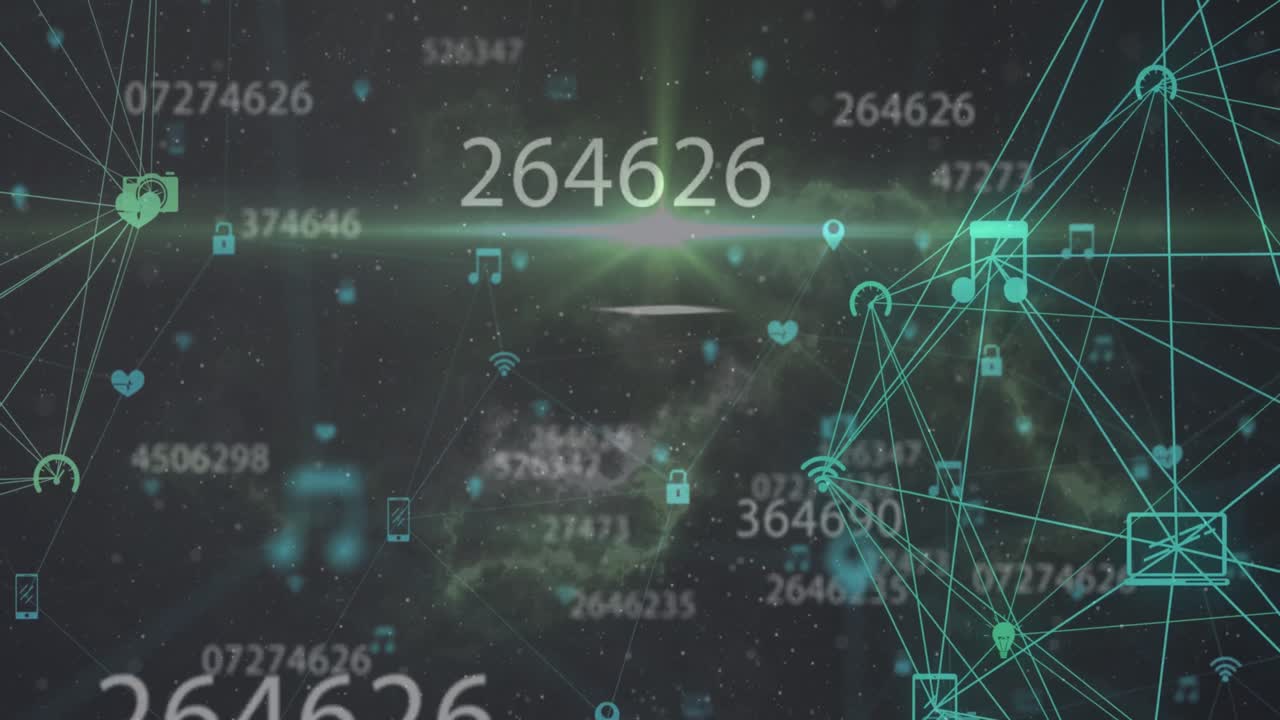 Animation of data processing over netwrok of connections with icons on black background