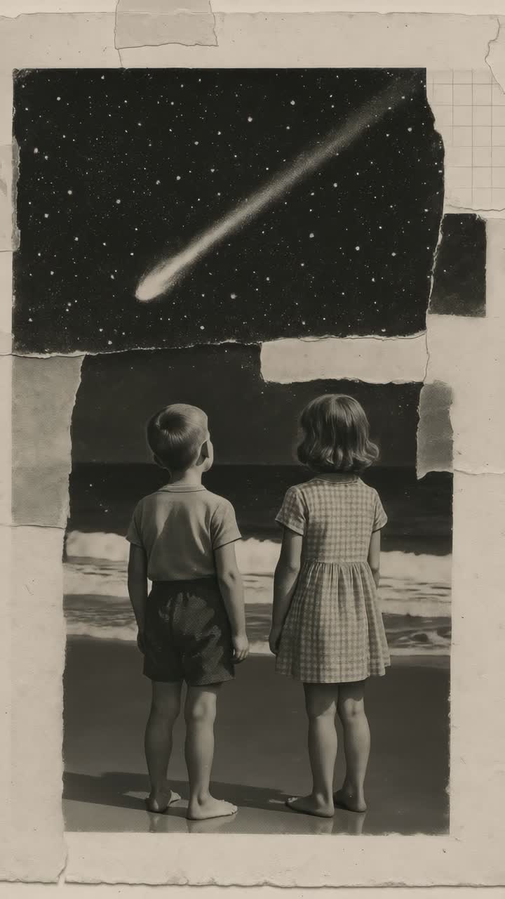 Vintage collage af to børn på en strand, der kigger på et stjerneskud