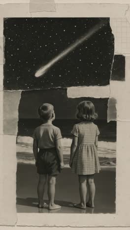 vintage collage of two children on a beach gazing at a shooting star