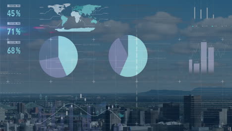 Datenvisualisierungsanimation-über-Einer-Stadtlandschaft-Mit-Diagrammen,-Grafiken-Und-Einer-Weltkarte