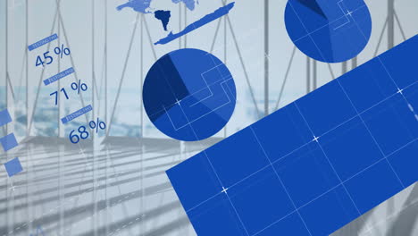 animation of infographic interface over modern buildings through glass window of office
