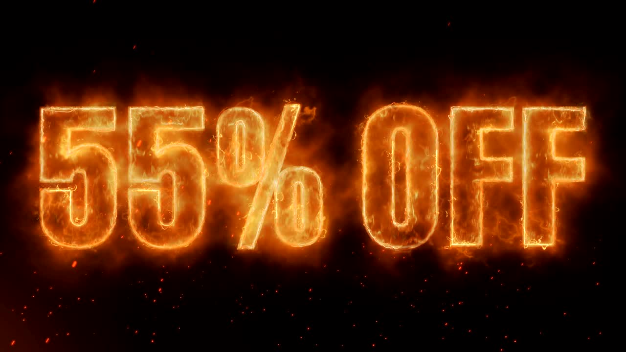 fuera de la palabra ardiendo caliente en el fuego realista llamas chispas y humo continuo sin problemas 55% animación de bucle