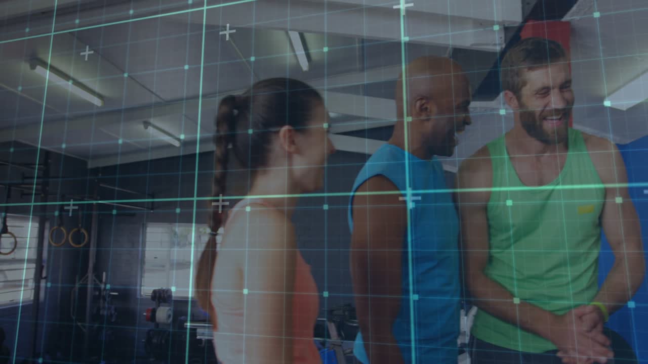 Center gesturing gym group smiling chatting fourth man joining right green grid hanging over group