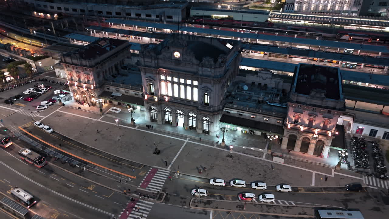 High angle night aerial view of Brignole railway station exterior in Genoa Italy