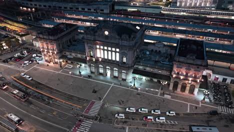 high angle night aerial view of brignole railway station exterior in genoa italy