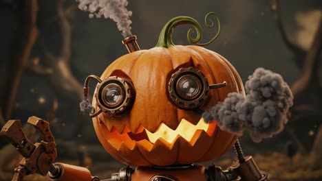 An Intriguing Mechanical Pumpkin Character with Steam Effects, Showcasing a Whimsical Blend of Halloween Imagery and Steampunk Elements in a Captivating Setting