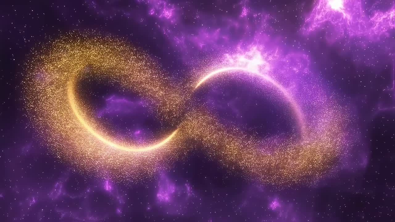 Golden particles forming infinite symbol rotating slowly within luminous purple nebula, sparkling against starry cosmic background, representing eternal energy and spiritual interconnectedness