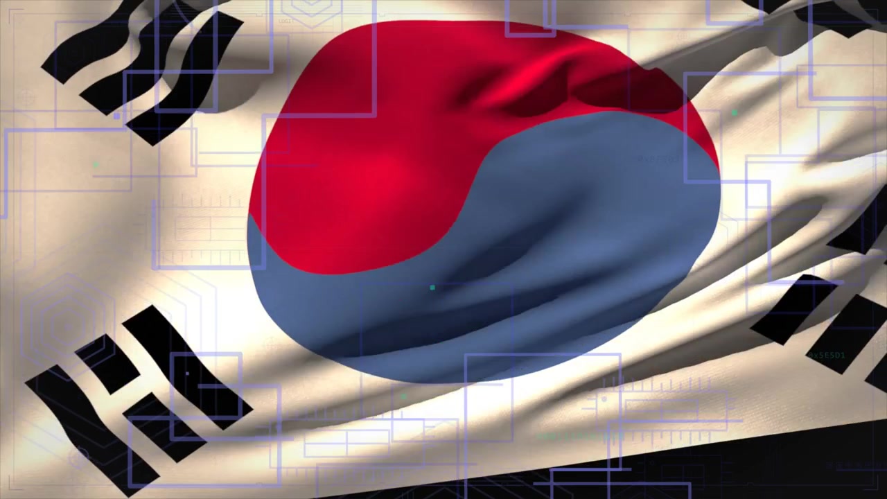 Taegukgi che ondeggia per le raffiche, taeguk che si deforma e poi si rilassa, con circuito blu per il branding tecnologico.