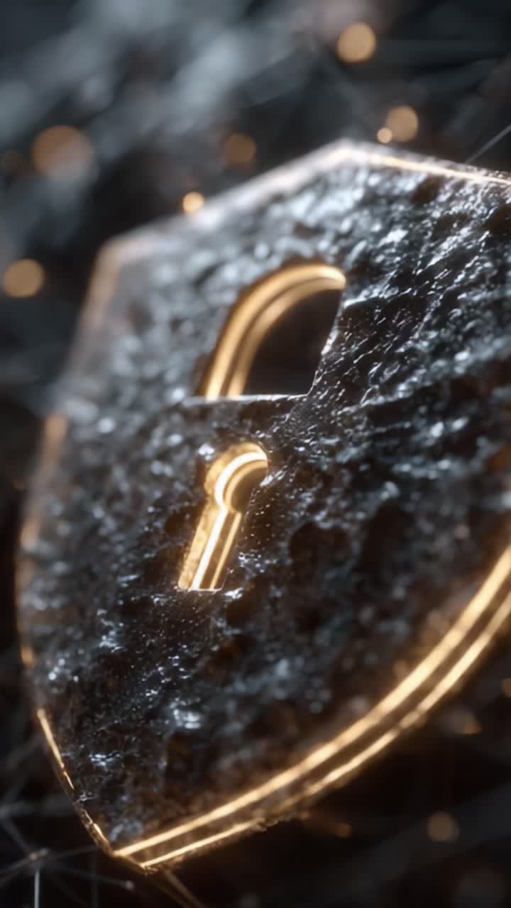 Un imponente scudo digitale che simboleggia la sicurezza nella tecnologia, con texture complesse e caratteristiche illuminate su sfondo scuro