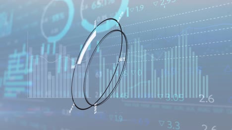 Animation-of-round-scanner-over-statistical-and-stock-market-data-processing-against-blue-background