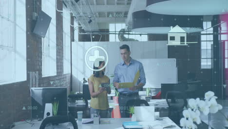 animation of data processing over diverse business people in office