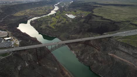 perrine bridge, us route 93 highway, twin falls idaho usa, drone aerial view