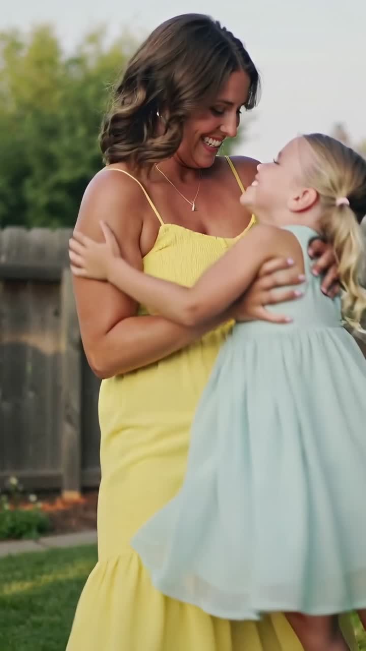 Vertikales Video: Mutter im Sommerkleid bückt sich im Garten; ein Mädchen in Blau rennt von rechts, um sie zu umarmen.
