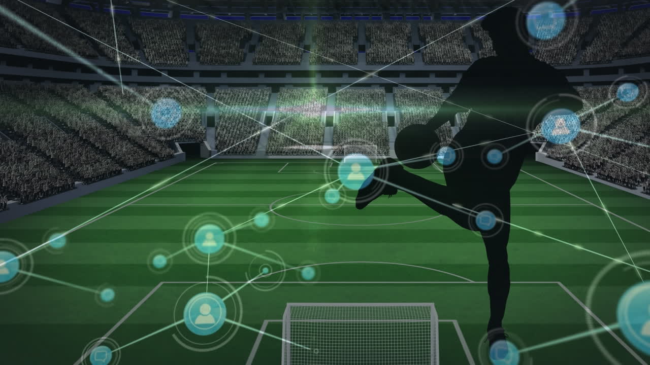 경기장에서 남자 축구 선수의 실루 ⁇ 을 가로지르는 연결의 애니메이션