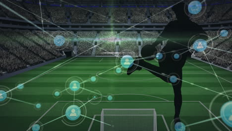 animation of connections over male soccer player silhouette at stadium