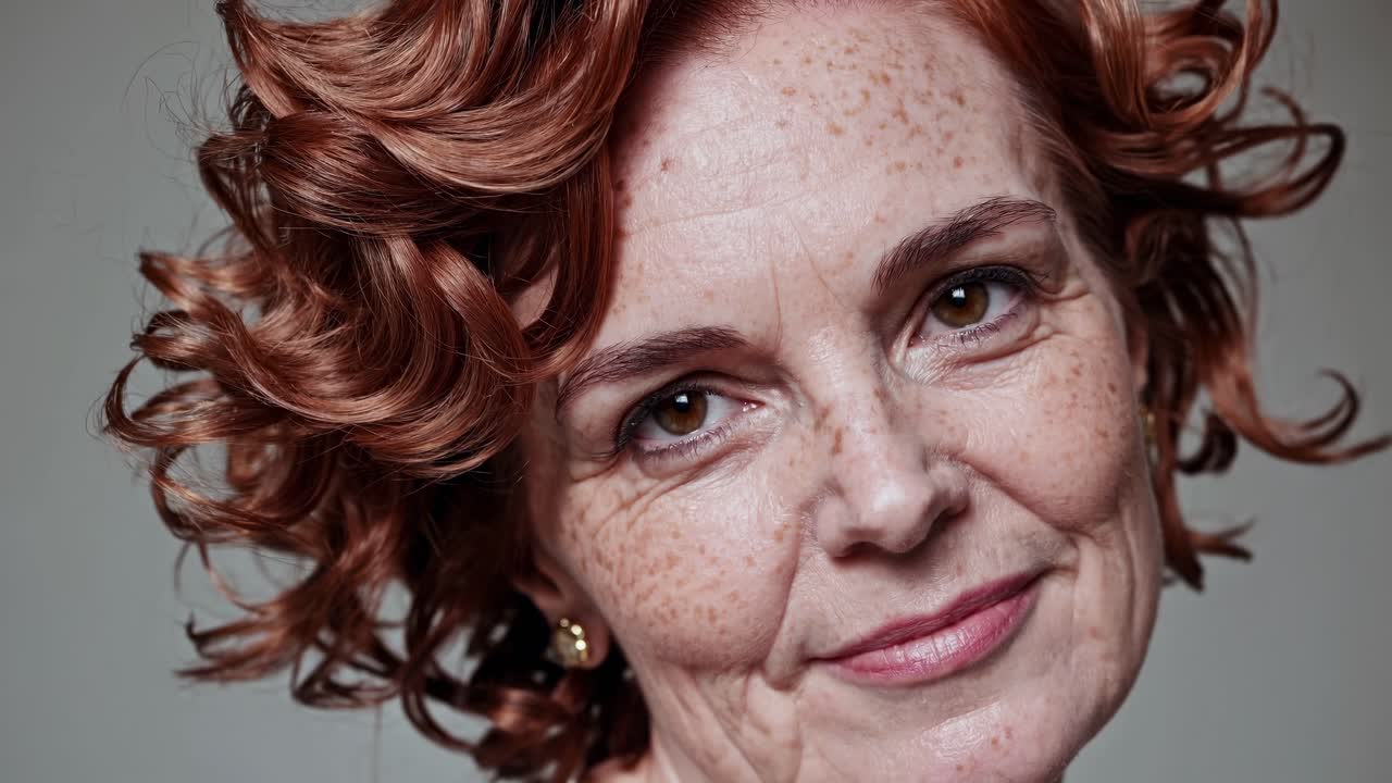 mujer madura de cabello rojo cálido con pecas y cabello rizado posa sobre un fondo gris, sonriendo y mirando a la cámara, mostrando una variedad de expresiones