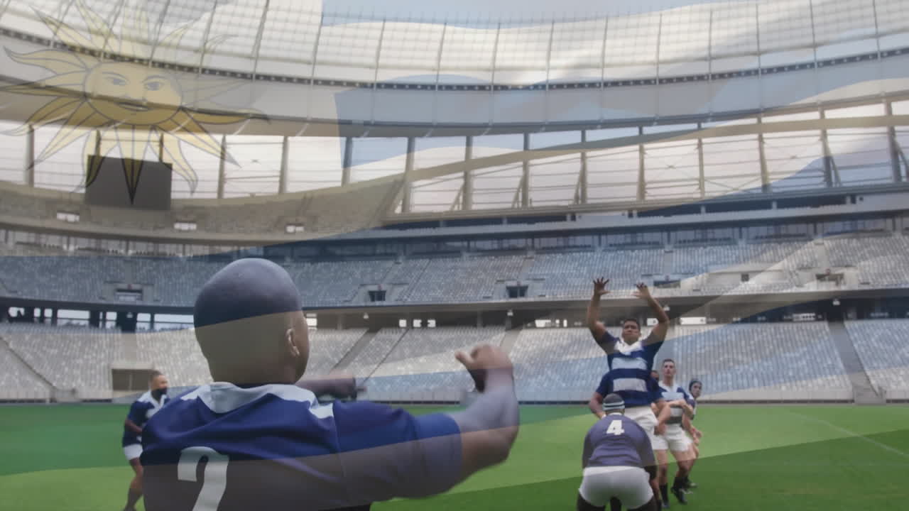 Animation of flag of uruguay over african american rugby player thowing ball to team at stadium