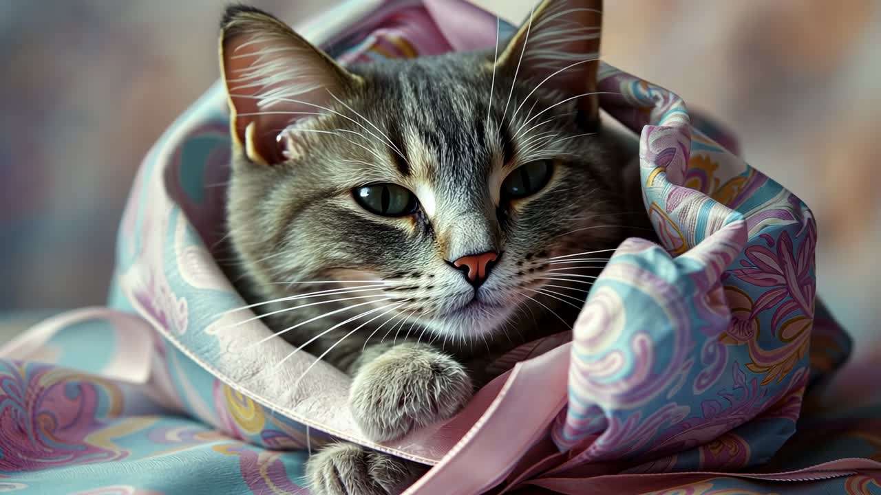 Blinking tabby cat waking up in cozy room responding to daylight, nestling in pastel paisley pouch