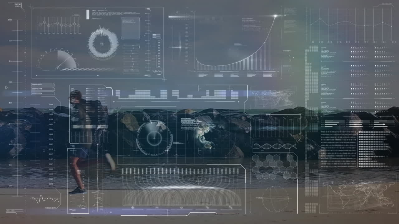 해변에서 달리는 적합한 사람에 대한 데이터 처리 애니메이션