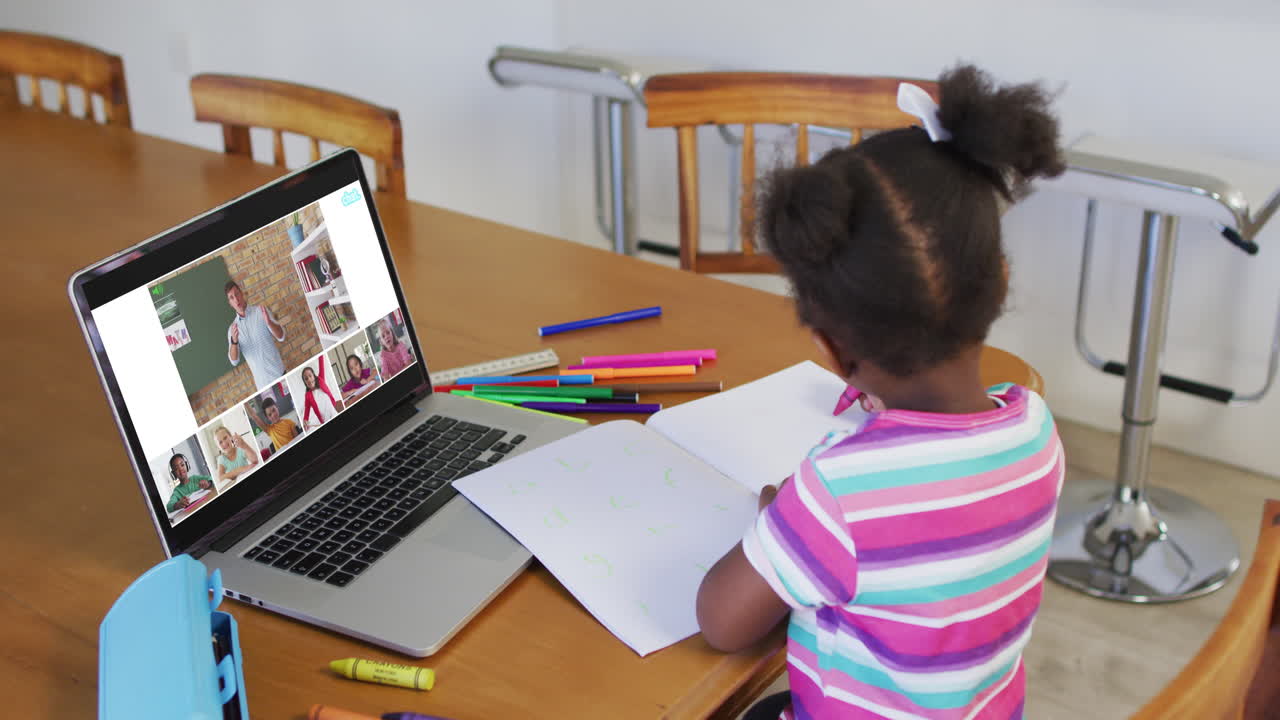 video compuesto de una niña usando una computadora portátil con pantallas de diversas clases y maestros en una lección en línea