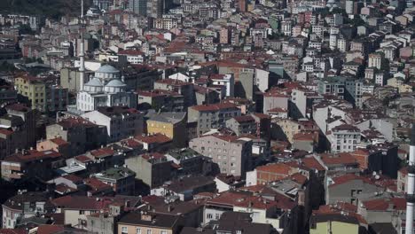 densely populated cityscape with various buildings and mosques
